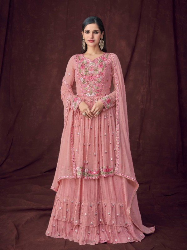 Pure Geogratte  Party Wear Sharara in Pink Color with  Embroidery Work