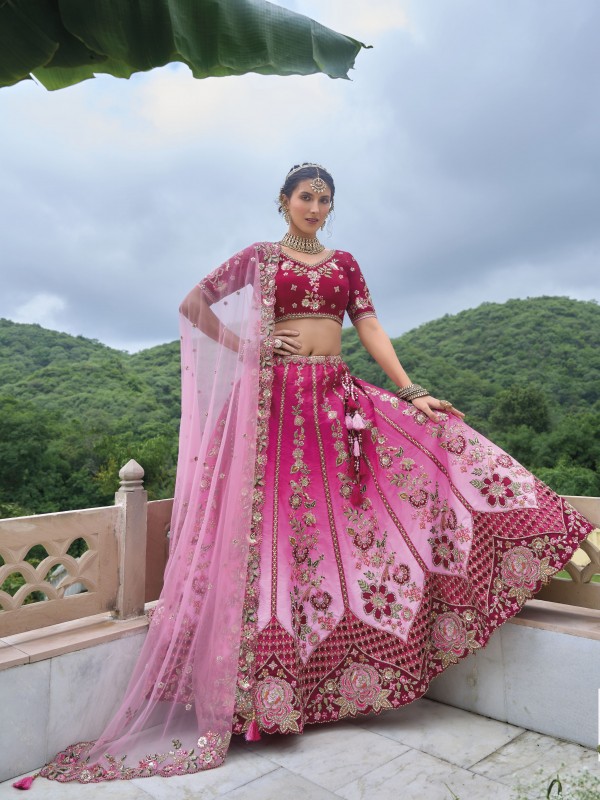 Pure Dola Silk Wedding Lehenga in Pink Color With Embroidery work