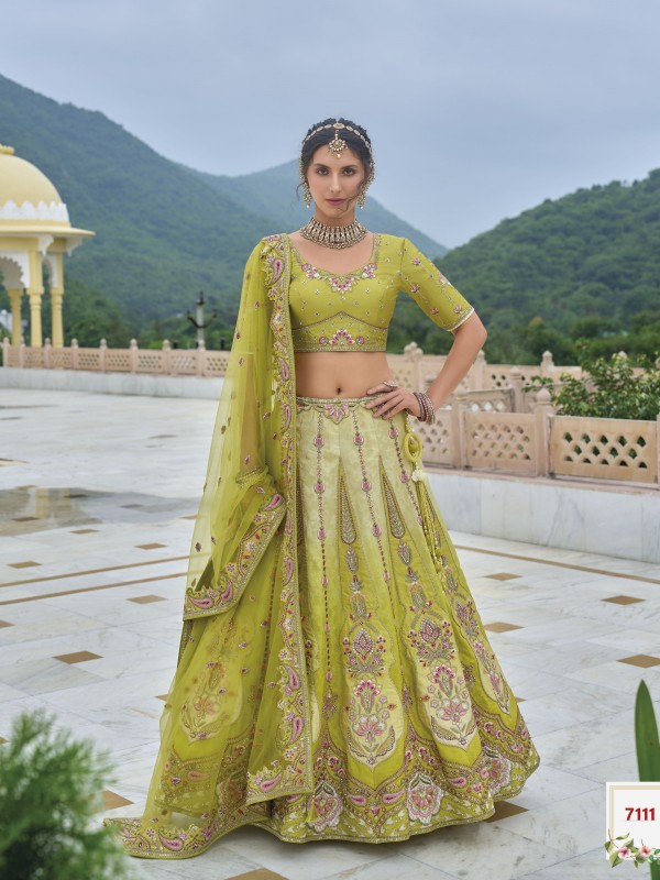 Pure Dola Silk Wedding Lehenga in Lemon Green Color With Embroidery work