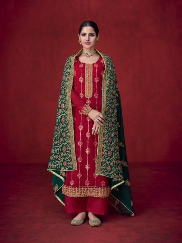 Pure Georgette  Party Wear Plazo Suit  in Red Color with  Embroidery Work