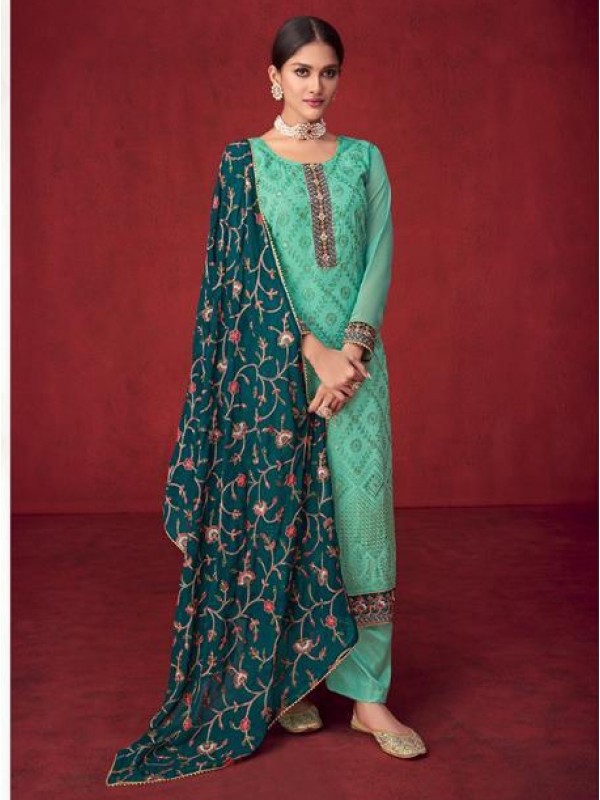 Pure Georgette  Party Wear Plazo Suit  in Turquoise Color with  Embroidery Work