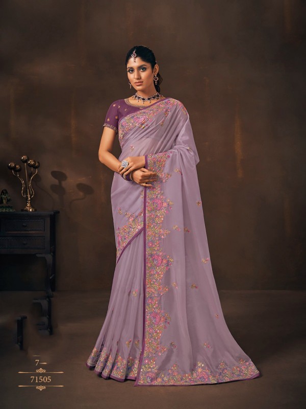 Organza Silk  Saree In Lavender Color With Embroidery Work