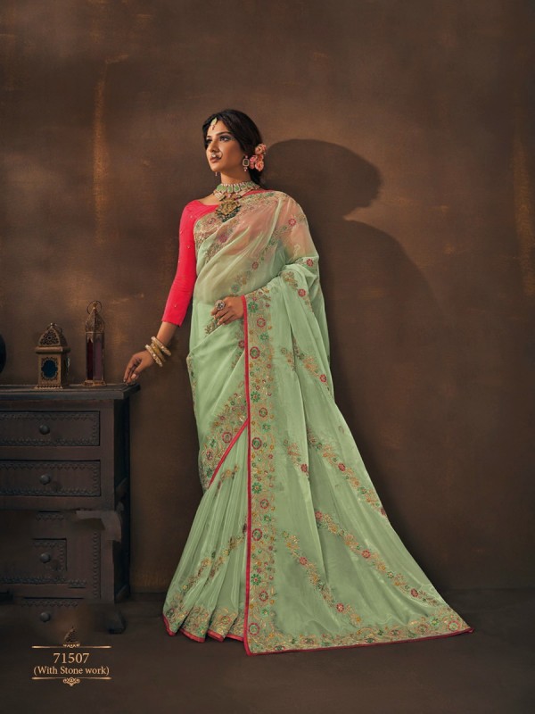 Organza Silk  Saree In Green Color With Embroidery Work