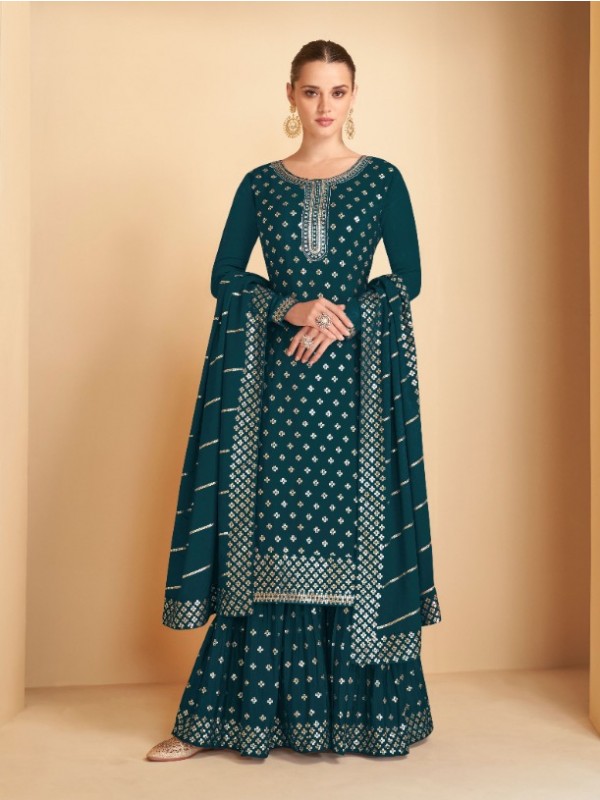 Pure Chinon  Party Wear Sharara In Teal Blue With Embroidery Work 