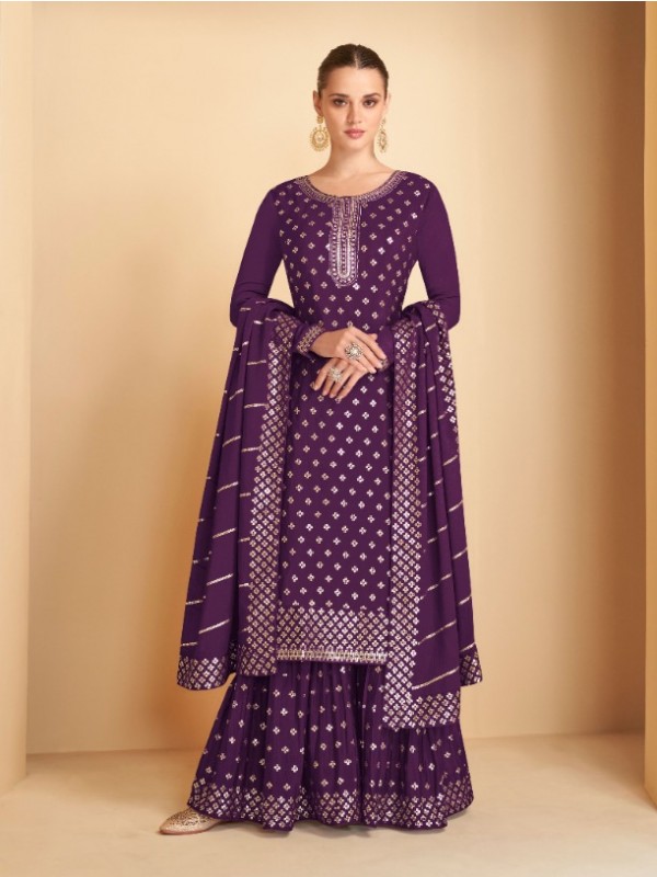 Pure Chinon  Party Wear Sharara In Purple With Embroidery Work 