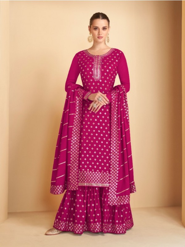 Pure Chinon  Party Wear Sharara In Pink With Embroidery Work 