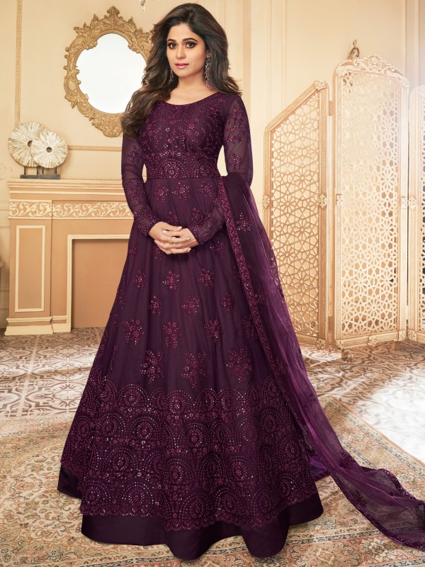 Butterfly net Fabrics Party Wear  Readymade Gown In Violet Color With Embroidery Work