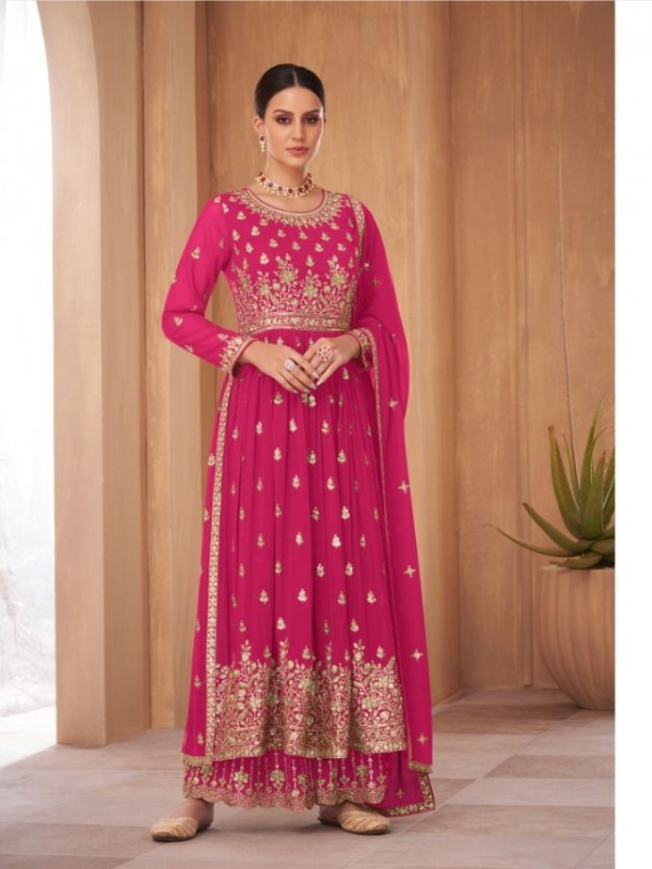 Pure Geogratte  Party Wear Plazo Suit  in Pink Color with  Embroidery Work