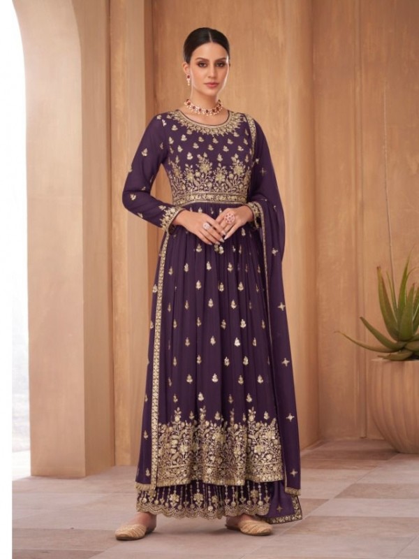 Pure Geogratte  Party Wear Plazo Suit  in Purple Color with  Embroidery Work