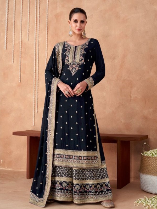 Pure Georgette Party Wear Sarara in Black Color with  Embroidery Work