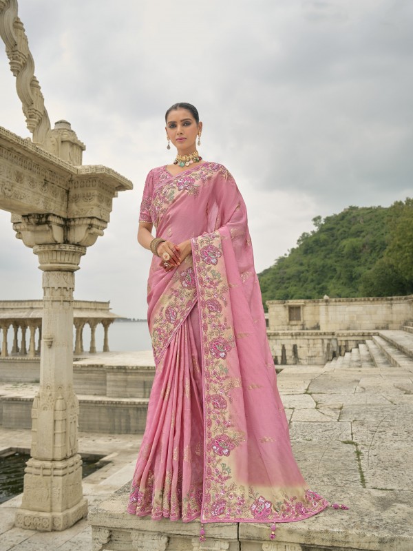 Pure Dola Silk Wedding wear Saree In Pink Color With Embroidery Work