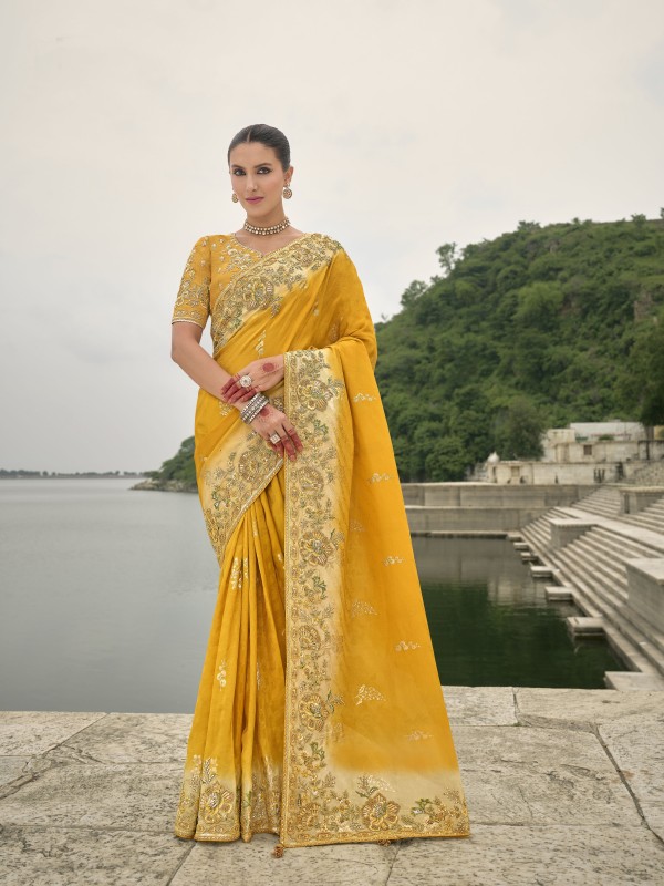 Pure Dola Silk Wedding wear Saree In Mustard Color With Embroidery Work