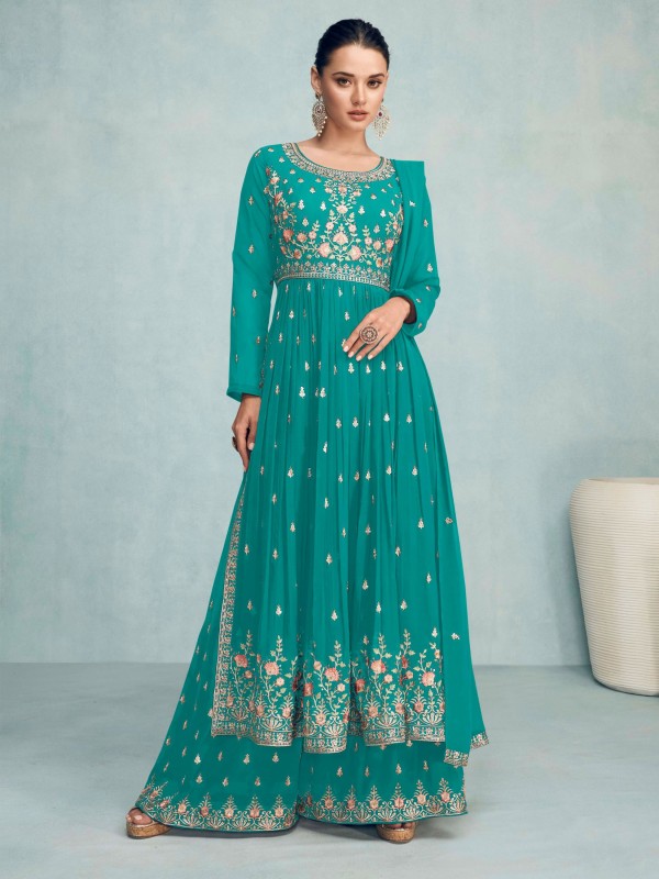 Pure Georgette  Party Wear Plazo  in Persion Blue Color with  Embroidery Work
