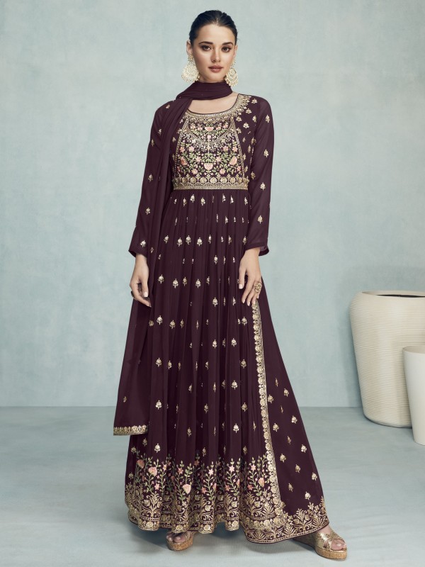 Pure Georgette Party Wear Sharara In Purple  With Embroidery Work 