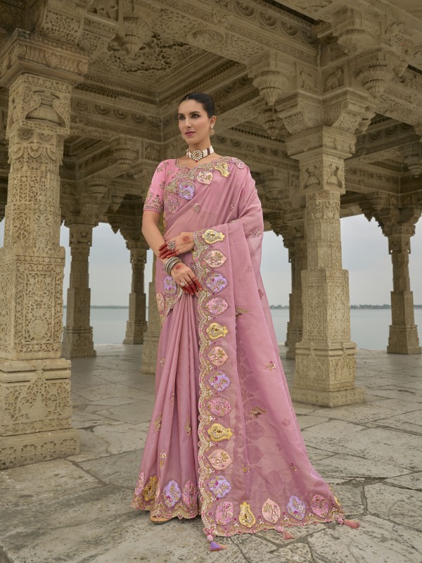 Pure Dola Silk Wedding wear Saree In Pink Color With Embroidery Work