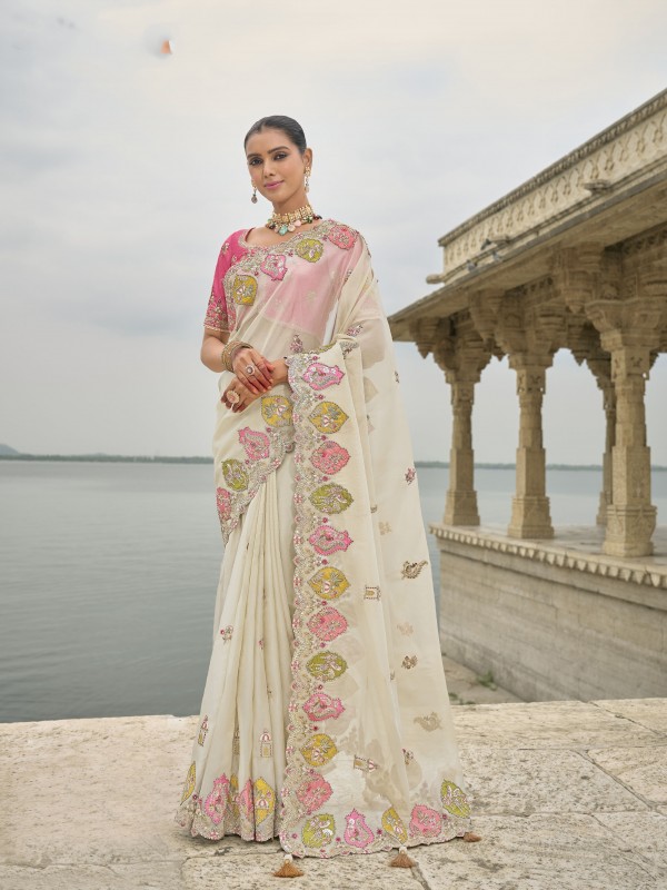 Pure Dola Silk Wedding wear Saree In Multi Color With Embroidery Work