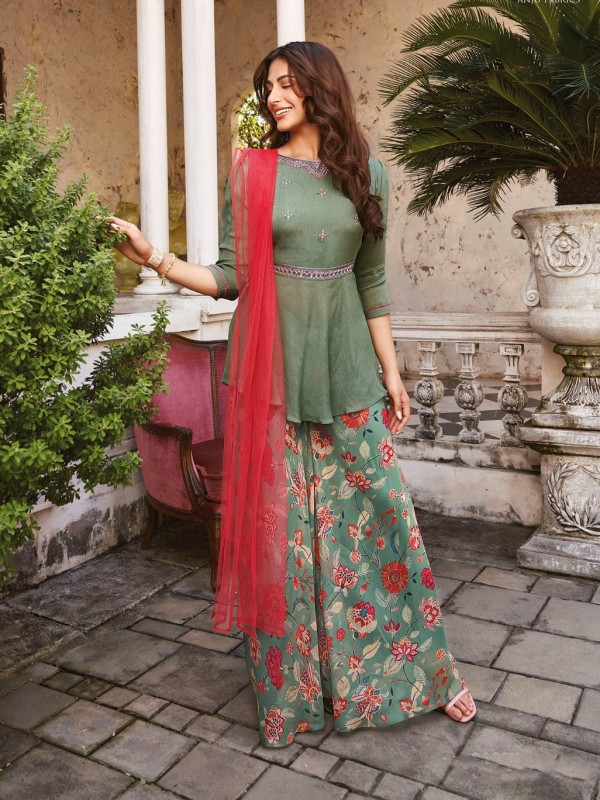 Pure Chinon Chiffon Party Wear Plazo Suit In Multi Color With Hand Work 