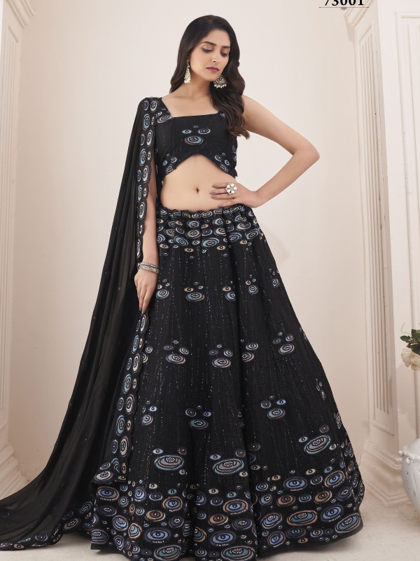 Georgette Fabrics  Wedding Wear Lehenga in Black Color With Embroidery Work