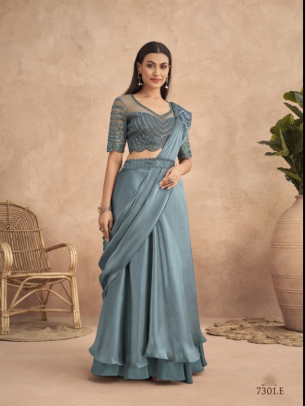Fancy Silk  Ready To Wear Saree  Grey Color With Embroidery Work