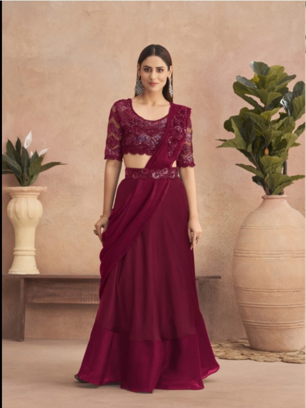 Fancy Silk  Ready To Wear Saree  Wine Color With Embroidery Work