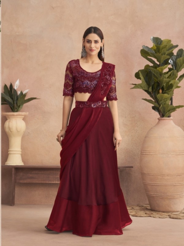 Fancy Silk  Ready To Wear Saree Maroon Color With Embroidery Work