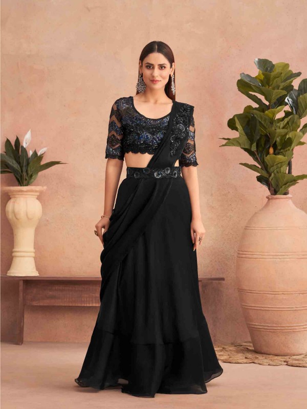 Fancy Silk  Ready To Wear Saree  Black Color With Embroidery Work