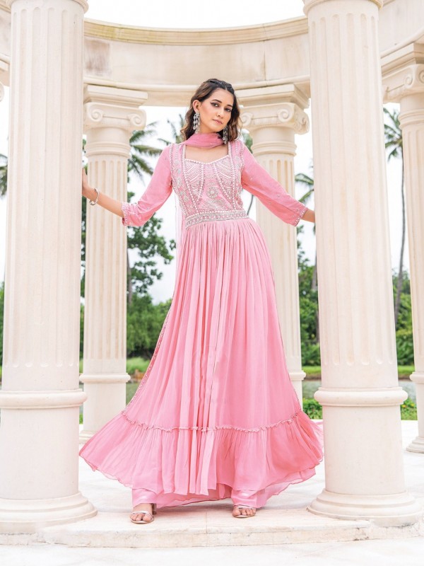 Natural Crape Party Wear Gown  In Pink Color With Hand Work 