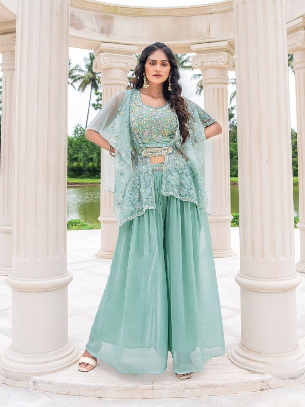 Natural Crape Party Wear Plazo  In Sea Green Color With Hand Work 