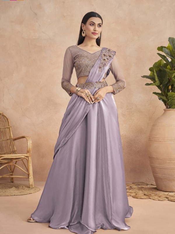 Fancy Silk  Ready To Wear Saree Purple  Color With Embroidery Work