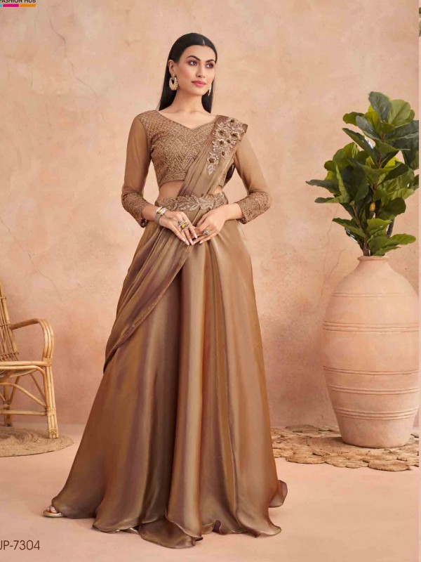 Fancy Silk  Ready To Wear Saree  Golden Color With Embroidery Work
