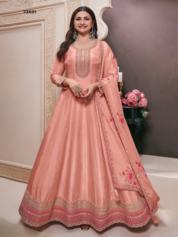 Pure Silk Party Wear Gown Peach Color with Embroidery Work