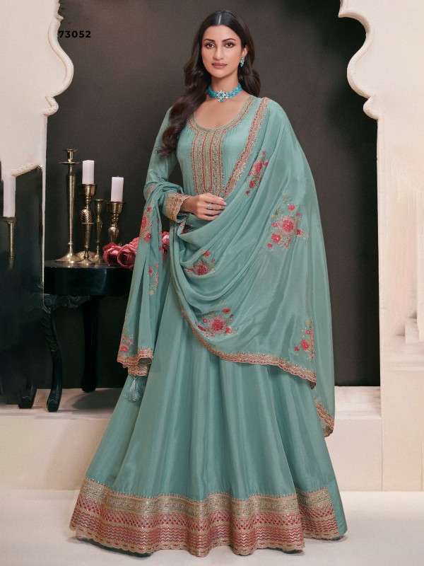 Pure Silk Party Wear Gown Sea Blue Color with Embroidery Work