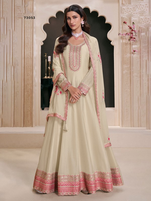 Pure Silk Party Wear Gown Cream Color with Embroidery Work