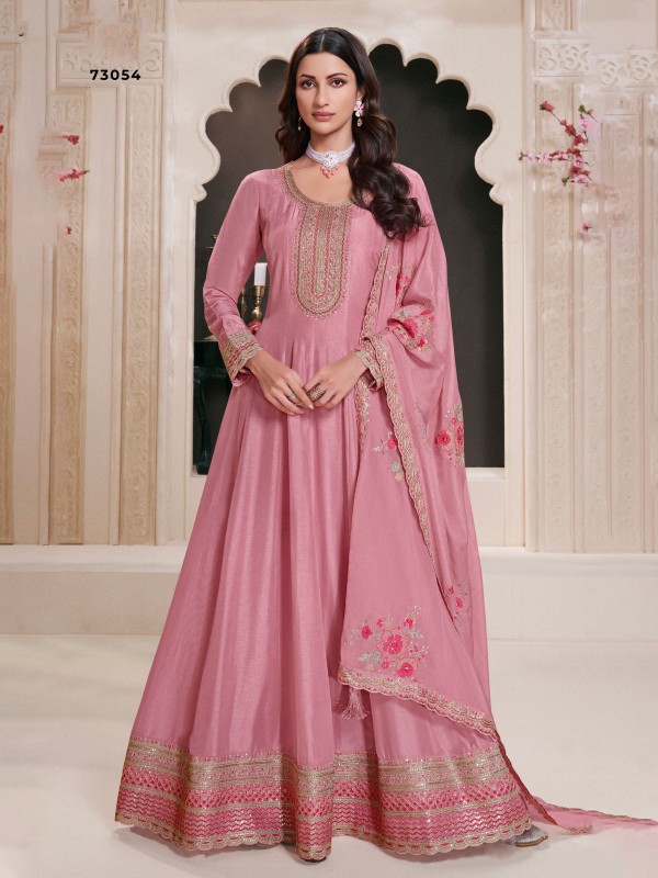 Pure Silk Party Wear Gown Pink Color with Embroidery Work