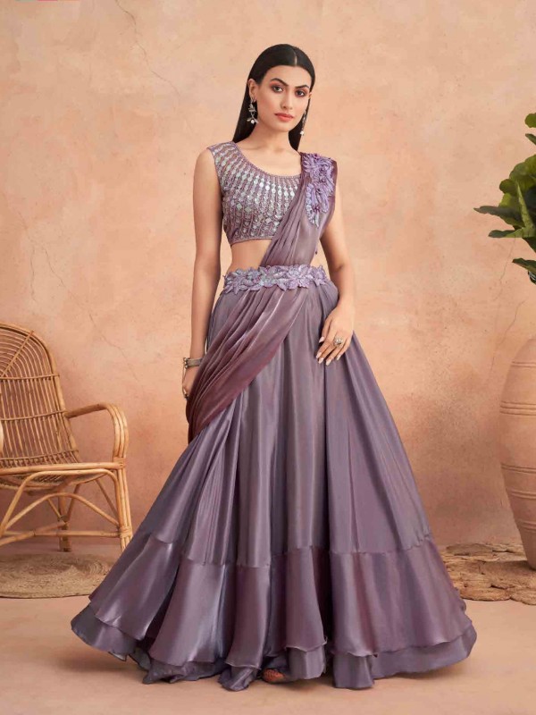 Fancy Silk  Ready To Wear Saree  Purple Color With Embroidery Work