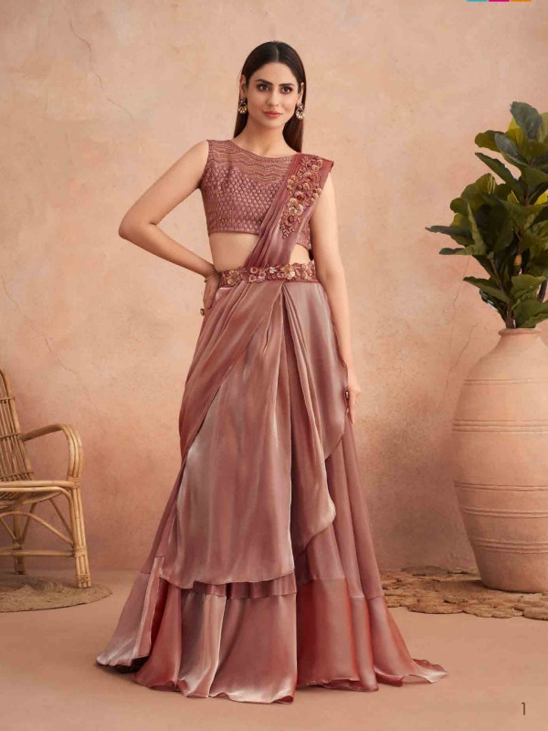 Fancy Silk  Ready To Wear Saree  Peach Color With Embroidery Work
