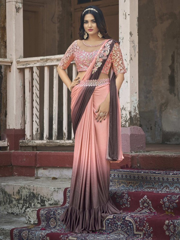 Fancy Silk Party wear Saree Peach Color With Embroidery Work