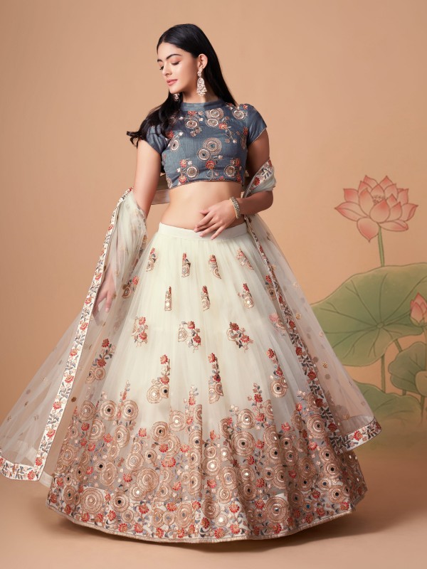 Soft Premium Net  Party Wear Lehenga In Off White Color  With Embroidery Work