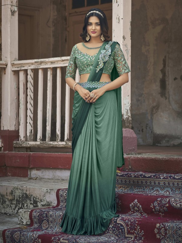 Fancy Silk Party wear Saree Green Color With Embroidery Work