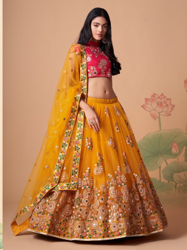 Soft Premium Net  Party Wear Lehenga In Yellow Color  With Embroidery Work