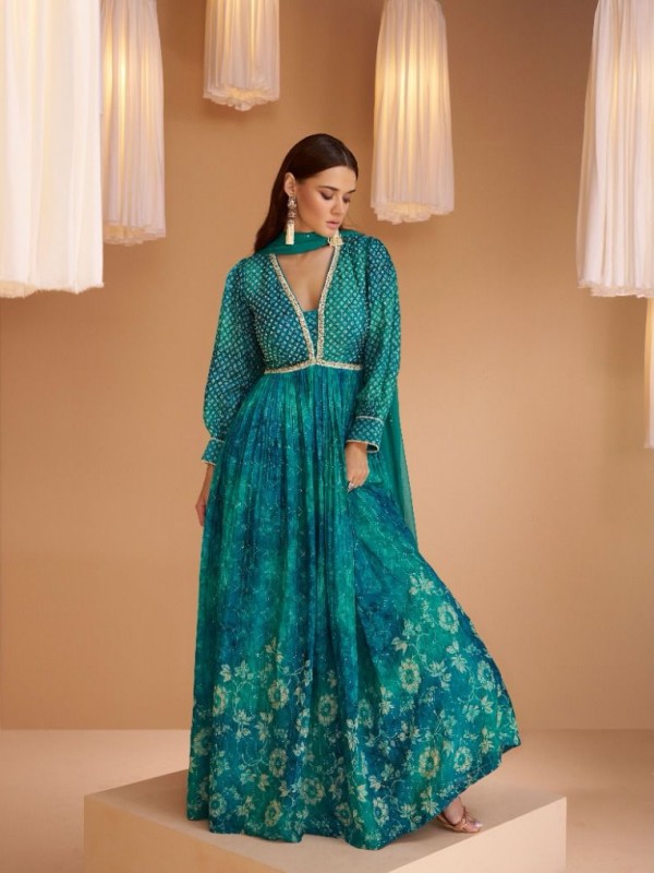 Real Geogratte Party Wear Gown In Blue Color With Embroidery Work 