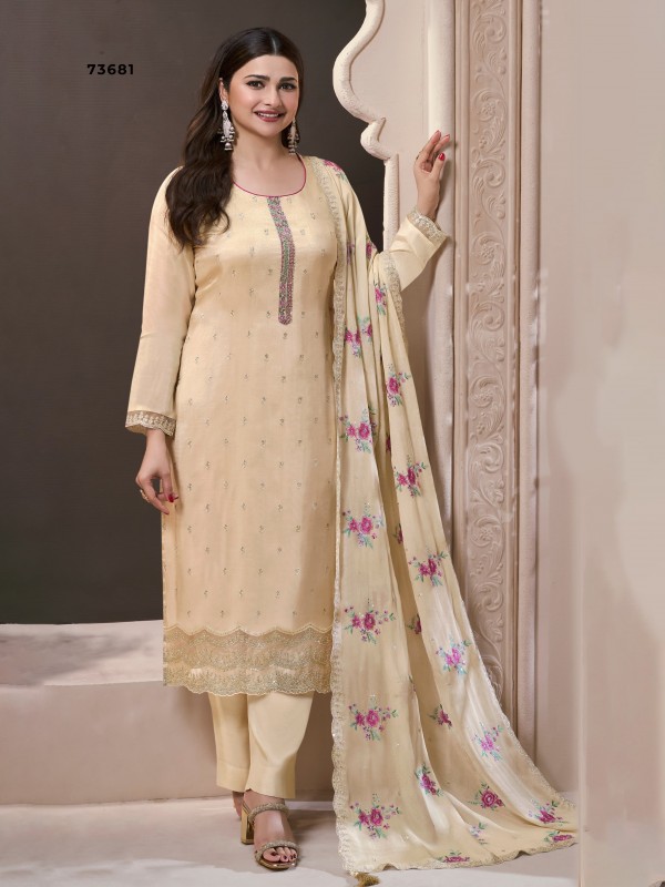Pure Silk Party Wear Suit In Cream Color with Embroidery work