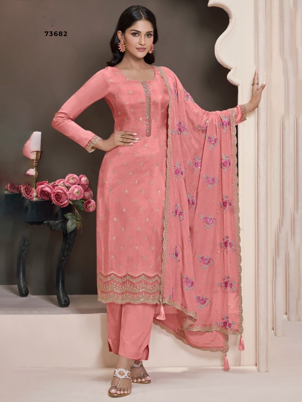 Pure Silk Party Wear Suit In Pink Color with Embroidery work