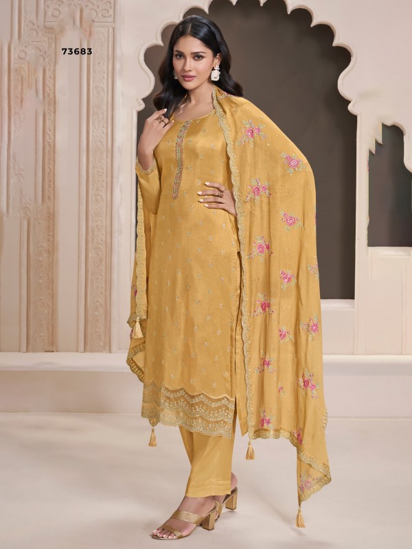 Pure Silk Party Wear Suit In Yellow Color with Embroidery work