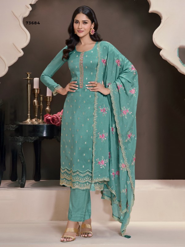Pure Silk Party Wear Suit In Sea Green Color with Embroidery work