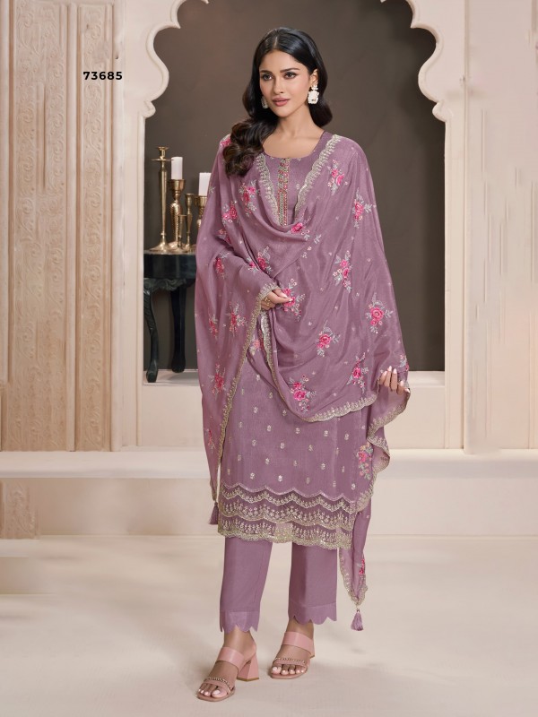 Pure Silk Party Wear Suit In Purple Color with Embroidery work