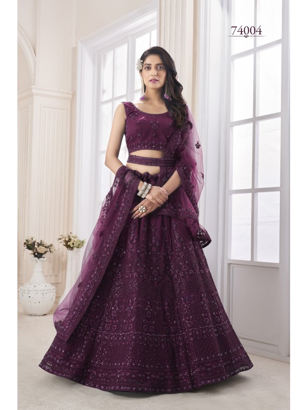 Soft Premium Net Wedding Wear Lehenga In Wine Color  With Embroidery Work