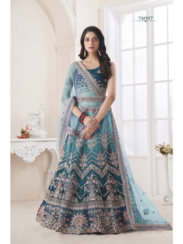 Soft Premium Net Wedding Wear Lehenga In Blue Color  With Embroidery Work