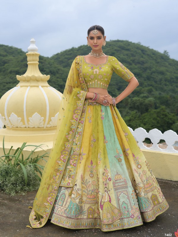 Pure Dola Silk Wedding Wear Lehenga in Lemon Green Color With Embroidery work