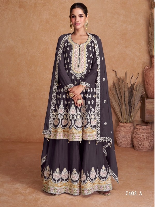 Real Chinon Party Wear Sharara In Violet  With Embroidery Work 